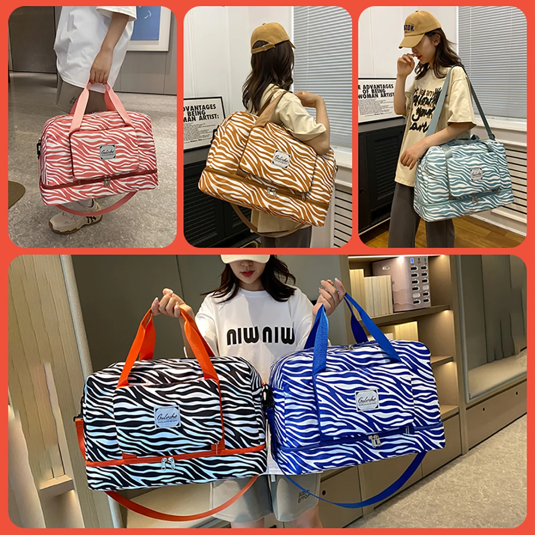Zebra Stripe Plaid Dry Waterproof Duffle Women Gym Travel Sneaker Duffel Foldable Handbag Tote Bag Crossbody Bags Shoe Pocket