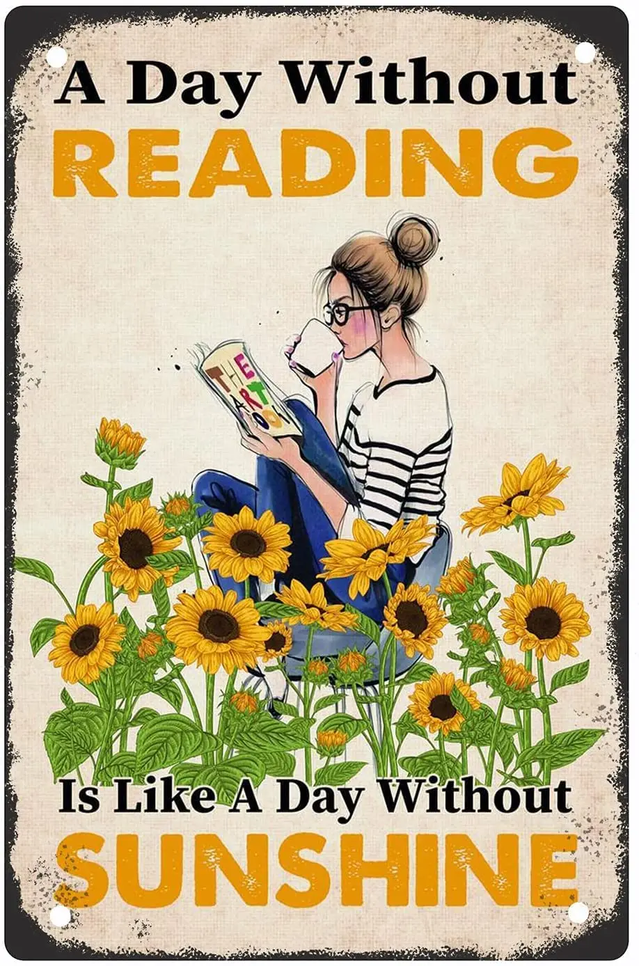

Girl Reading Vintage metal Hanging Plaque A Day Without Readinc Is Like A Day Without Sunshine Retro Home People Cave Bar Club B