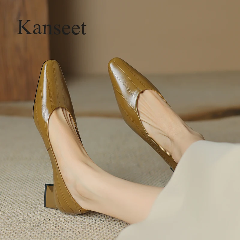 

Kanseet Women Shoes 2023 Autumn Real Leather Pumps Square Toe Comfortable Mid Heels Handmade Concise Lady Footwear Black Size 42