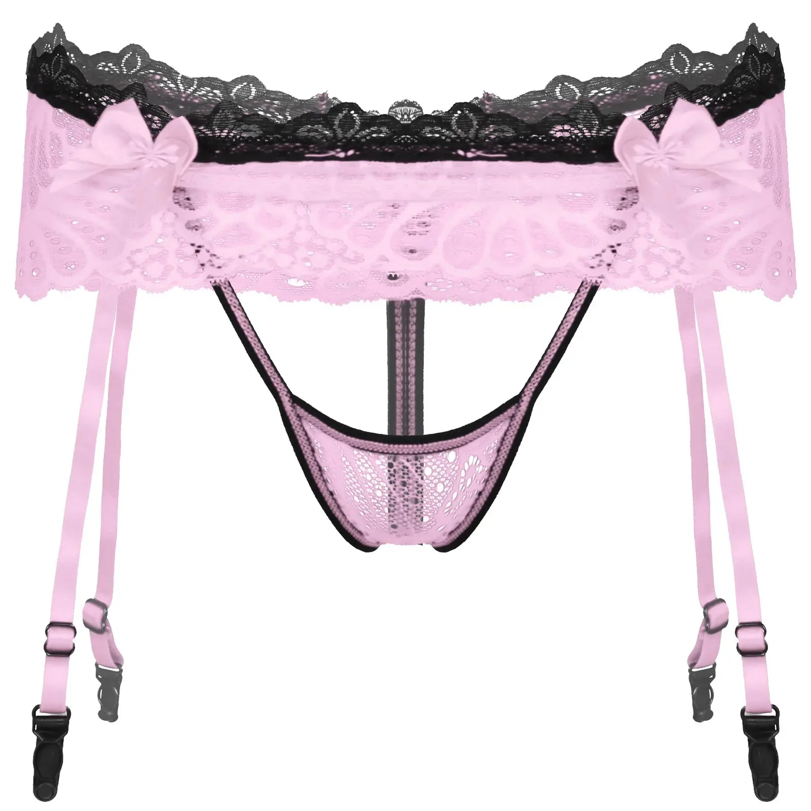 Mens Lingerie G-String Sissy Underwear Hollow Out Lace Skirted Thongs Bowknot Crotchless T-Back Garters Adjustable Garter Belt male underwear