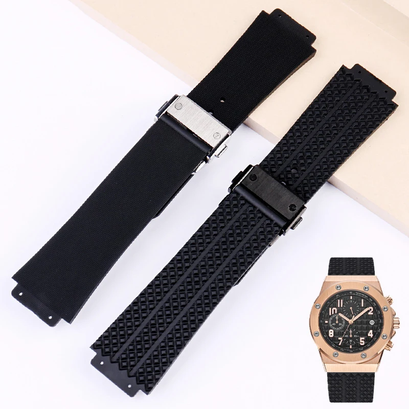 HEPUP Horlogeband voor HUBLOT BIG BANG siliconen 25 x 19 mm waterdichte heren horlogeband ketting horlogeaccessoires rubberen horlogeband (kleur: gestreept zwartzilver, maat: 25-19 mm