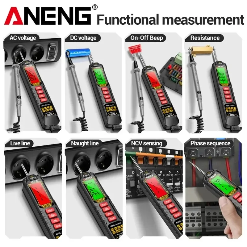 ANENG A3016 디지털 테스터 펜 600V 전압 테스트 위상 시퀀스 NCV 유도 멀티미터 4000 카운트 500mA 충전식 공구
