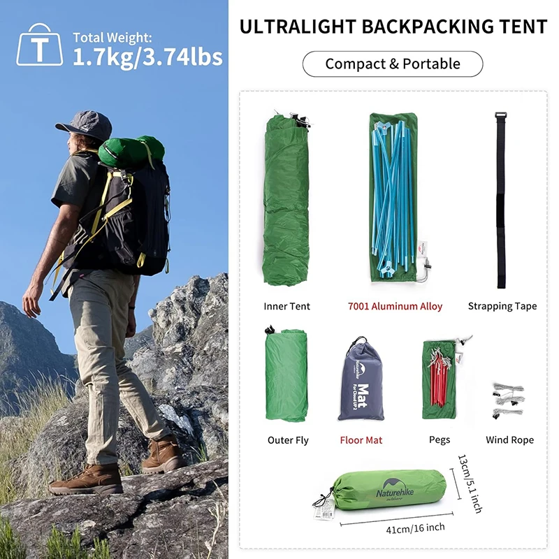 Naturehike Cloud Up 1 Person Backpacking Tent Ultralight Waterproof Double Layer Single Person Tent Outdoor Travel Camping