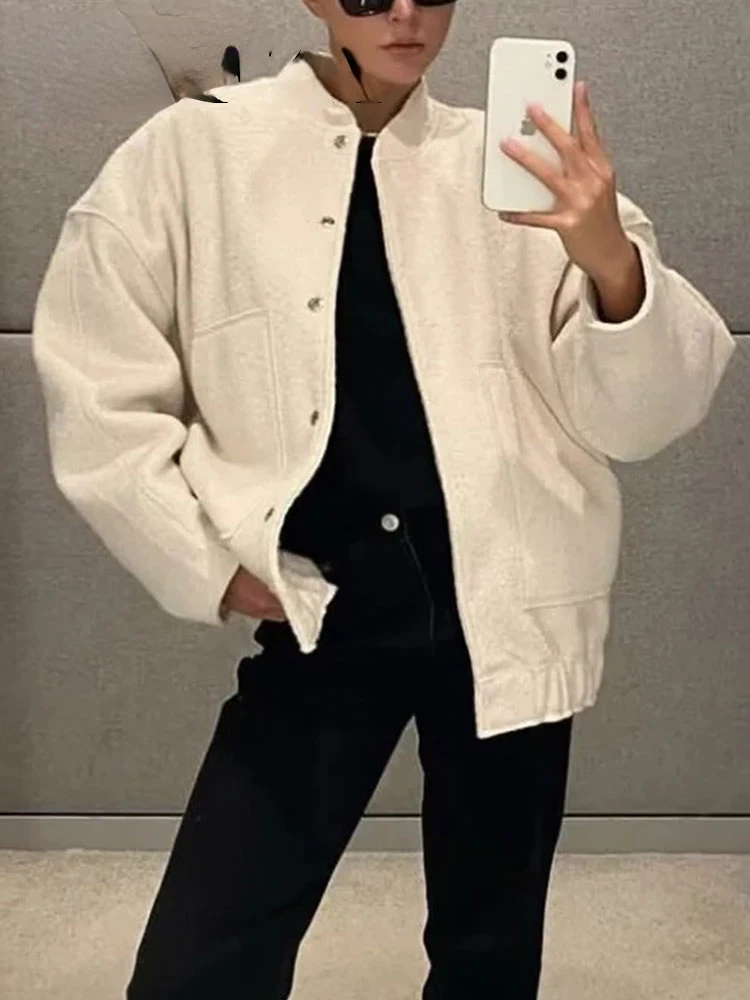 

Women's Casual Loose Jacket Coat with Pockets Vintage Solid Single Breasted Long Sleeve Bomber Jacket Spring Chic Outwear