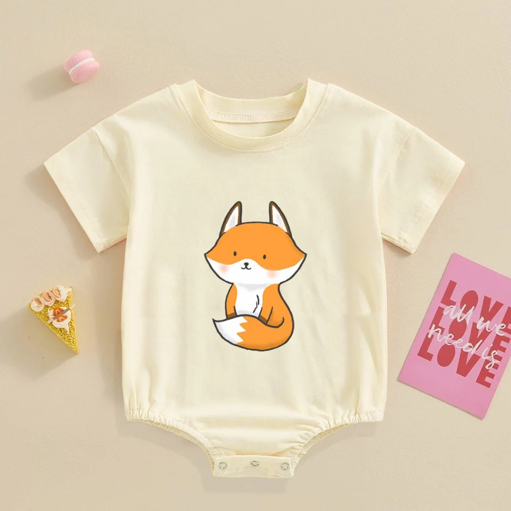 

Cute Fox Pattern Comfy Infant Bubble Romper Snap Short Sleeved Baby Jumpsuit Comfy Soft Newborn Bodysuit Best Gift To Babys