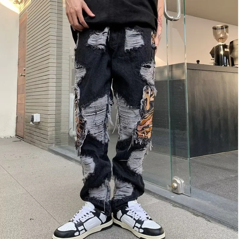 OIMG Y2K Streetwear Baggy Ripped Stacked Jeans Pants Men Straight Kanye Old Hip Hop Denim Trousers