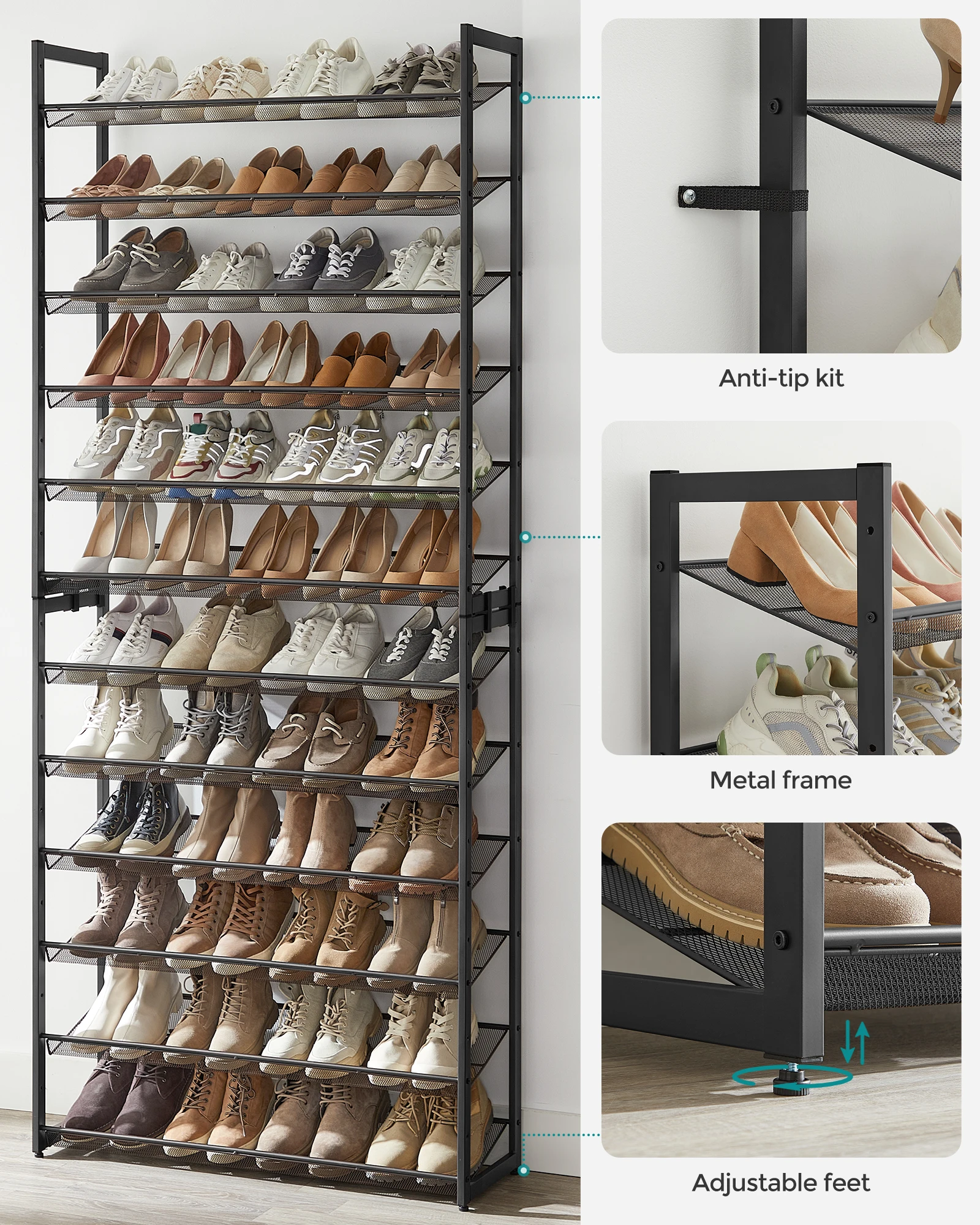 SONGMICS Shoe Rack, 12-Tier Shoe Organizer, Metal Shoe Storage for Garage, Entryway, Set of 2 6-Tier Stackable Shoe Shelf 4