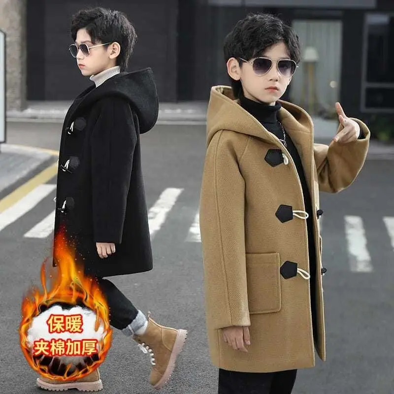 Boys Tweed Coat Winter Children Woolen Mid-length Korean Version
