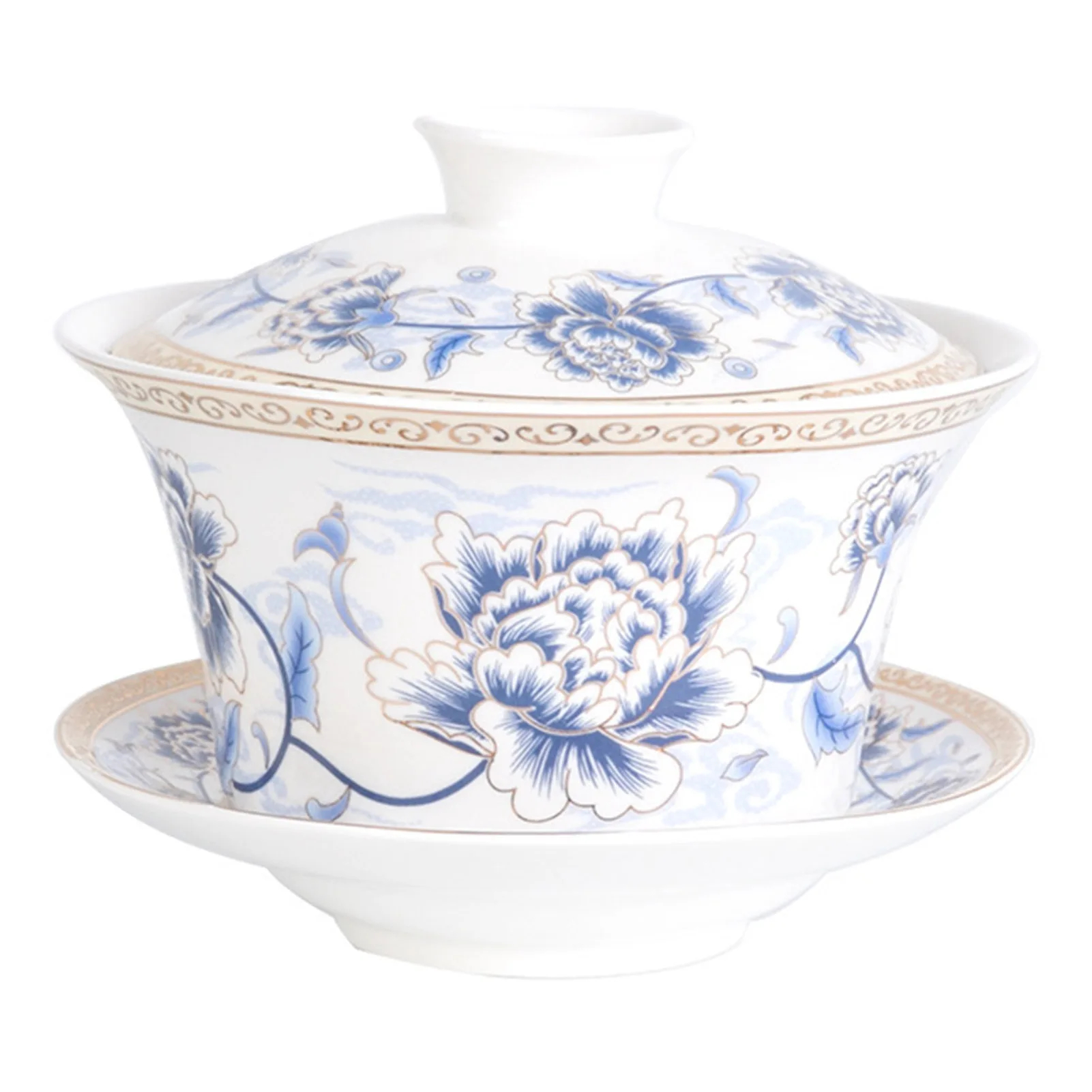 Classic China Tea Bowl Ethnic Style Gorgeous Flower Pattern Cup Saucer Lid Tea Set for Office Brew Fu