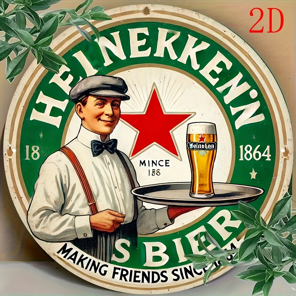 2D 플랫 빈티지 맥주 금속 벽 장식 8x8인치 원형 알루미늄 장식 플라크 1864..