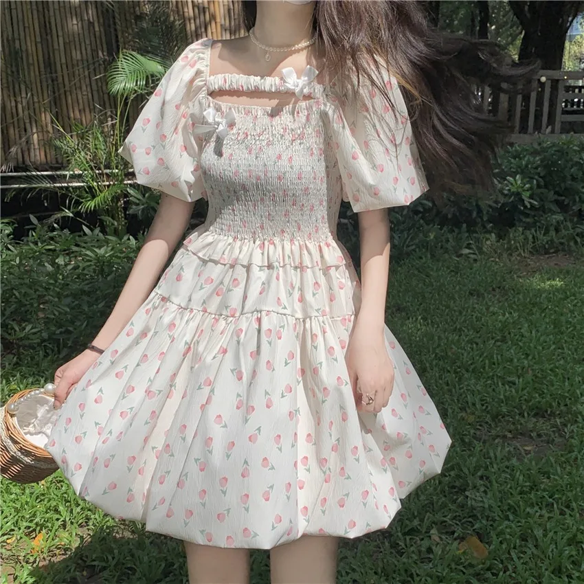 

Womens Floral Dress Female Summer Korean 2024 Fold Bubble Short Sleeve Pink Dresses for Party Holiday Young Casual Dressess