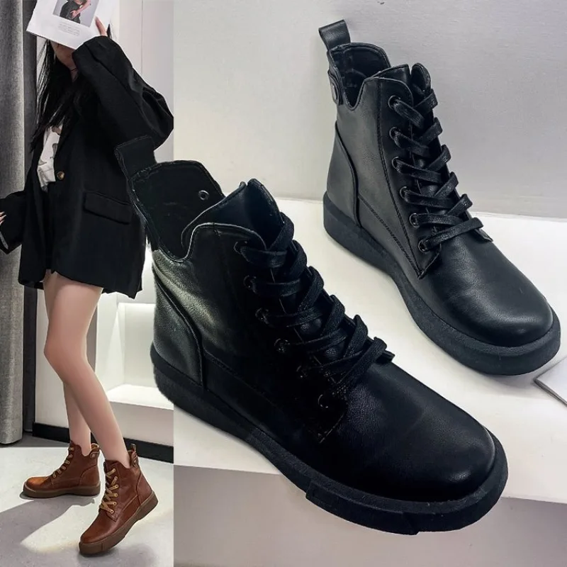 2023 New Women Platform Ankle Boots Pu Leather Lace Up Motorcycle Booties Female Autumn Non-Slip Platform Botas Woman