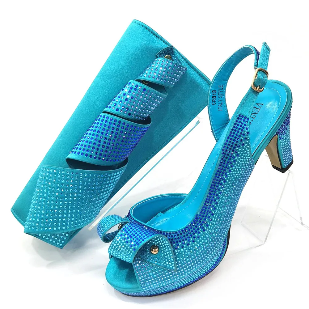 

Italian Design T.Blue Colored Rhinestone Striped High Heels Nigerian Paired With Open Sandals, Shoes Bag Set For Women