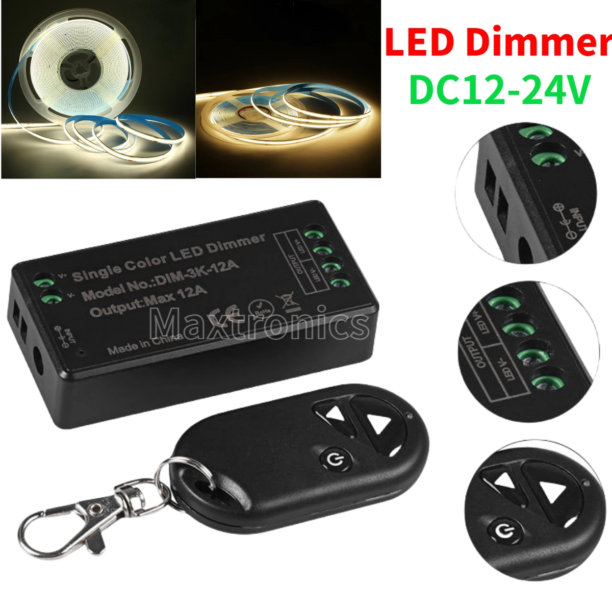 DC12-24V LED Dimmer Controller 12A 1CH with 3-Key RF 433Mhz Wireless Remote Control for LED COB Single Color Light Strip Lamps