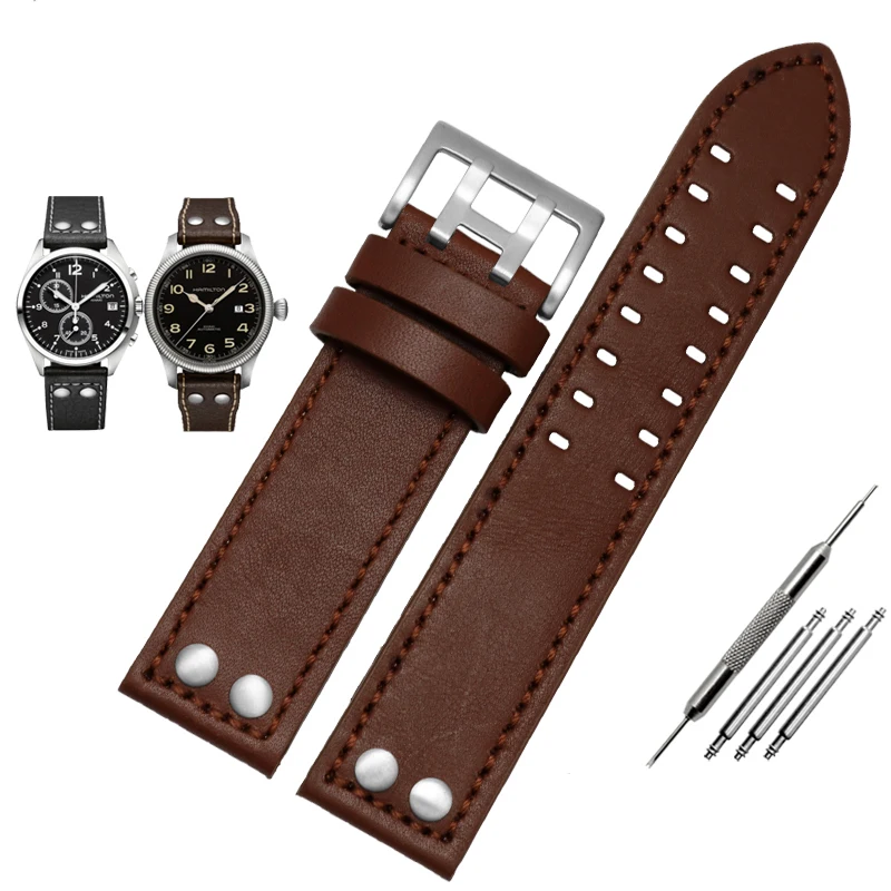 Cinturino In Vera Pelle Da 20Mm 22Mm Con Rivetti Per Cinturino Da Uomo Hamilton Khaki Aviation Field Series Marrone