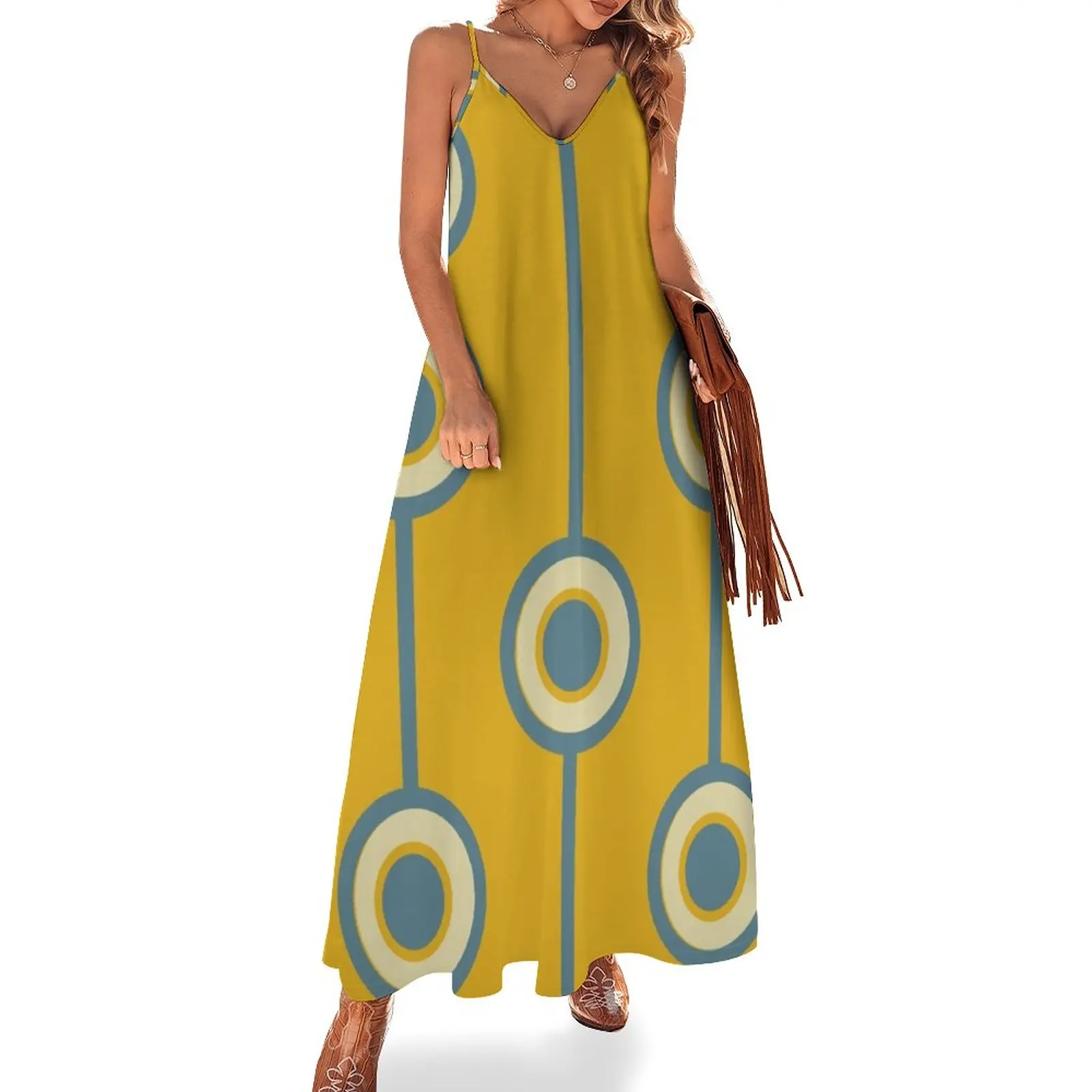 

60s Vintage Retro Groovy Hippie Circle Classic Mustard Yellow Pale Teal Sleeveless Dress women dresses