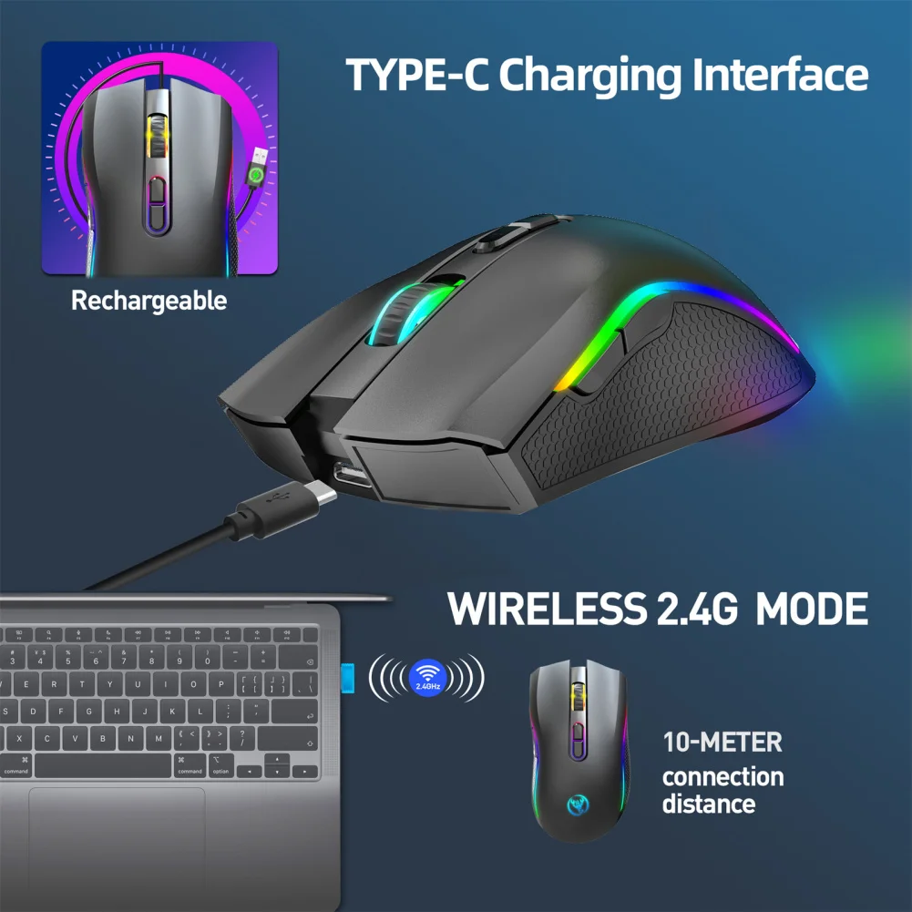T69 인체 공학적 RGB 발광 무선 무음 마우스, 2.4GHz USB 무선 마우스, 조절식 DPI 충전식 무선 마우스