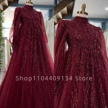 Abito da sposa musulmano bordeaux di lusso con collo alto, stile Dubai arabo, vestito da sposa con perline e paillettes, caftano a trapezio, personalizzabile