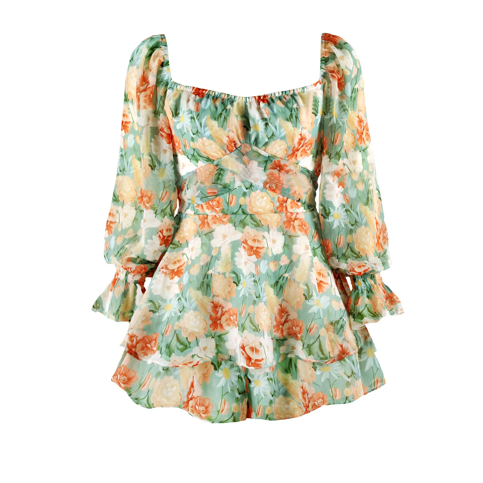 New floral sexy backless jumpsuit Fashionable square neck long sleeved Ruffle edge summer women clothing Elegant printing style