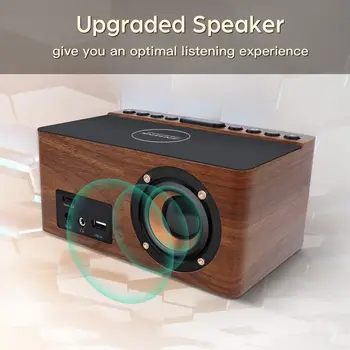 Wooden Digital LED Alarm Clock with FM Radio & Wireless Charger for iPhone/Samsung, 5-Level Dimmer, USB Port, Sleep Timer 5