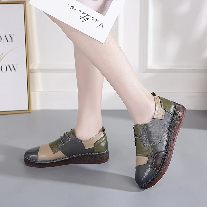 Women Mother Ladies Female Cow Genuine Leather Shoes Flats Loafers Slip On Casual National Style Plaid shoes
