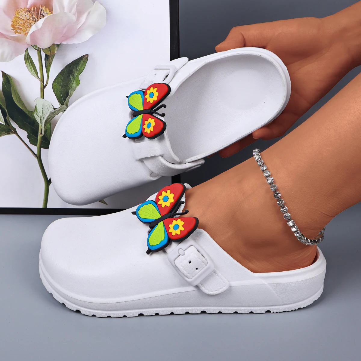Women Clogs with Butterfly Charms Summer Female Sandals Waterproof Non-Slip Soft EVA Platform Shoes Casual Home Slippers 1