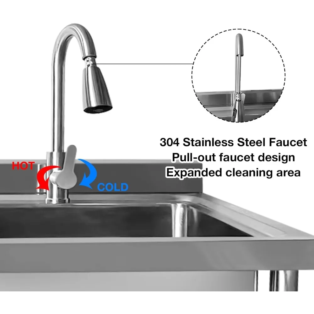 Commercial Restaurant Sink, Steel Utility Sink Free-standing Kitchen Sink, Freestanding Outdoor Sink with Pull-Out Faucet 2