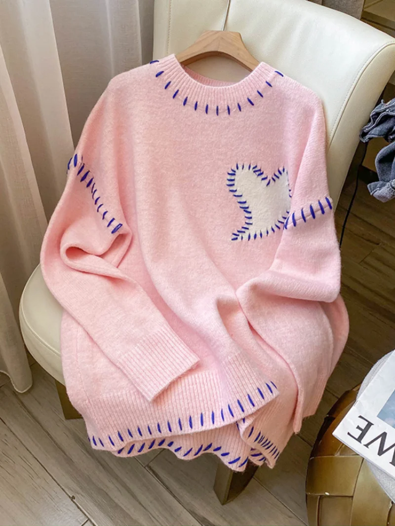 

Harajuku Sweet Heart-shaped Spliced Women Knitwear Casual Fashion Pink Sweater Women Autumn Winter O-neck Sweater Pullover Lady