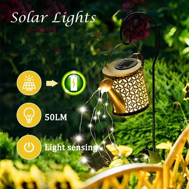 Outdoor Garden LED Solar Powered Hollow Out Can Sprinkles Fairy Lights Waterproof Metal Watering Can Landscape Decor Lights