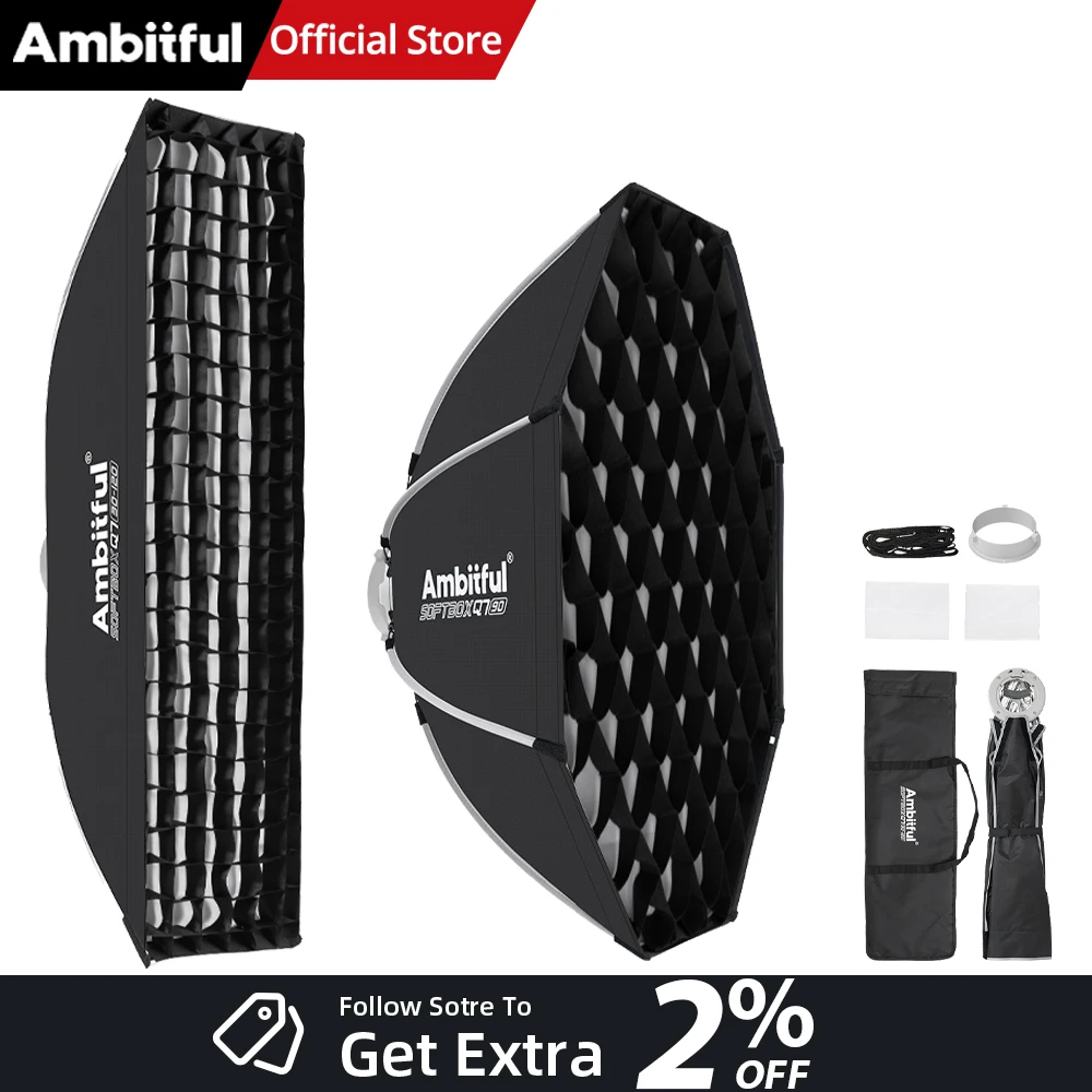 AMBITFUL 30x120cm 55cm 65cm 90cm 원터치 오픈 옥타곤/레クタングル 소프트박스 보웬스 마운트 (야외 스튜디오 촬영용 사이드 윙 포함)