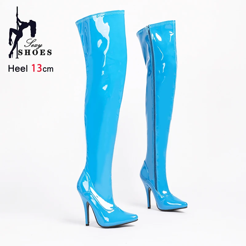 Blue Thigh High Boots Nightclub Dance Shoes 13CM Thin High Heels Sexy Women's Pointed Toe Over The Knee Long Boots Big Size 46