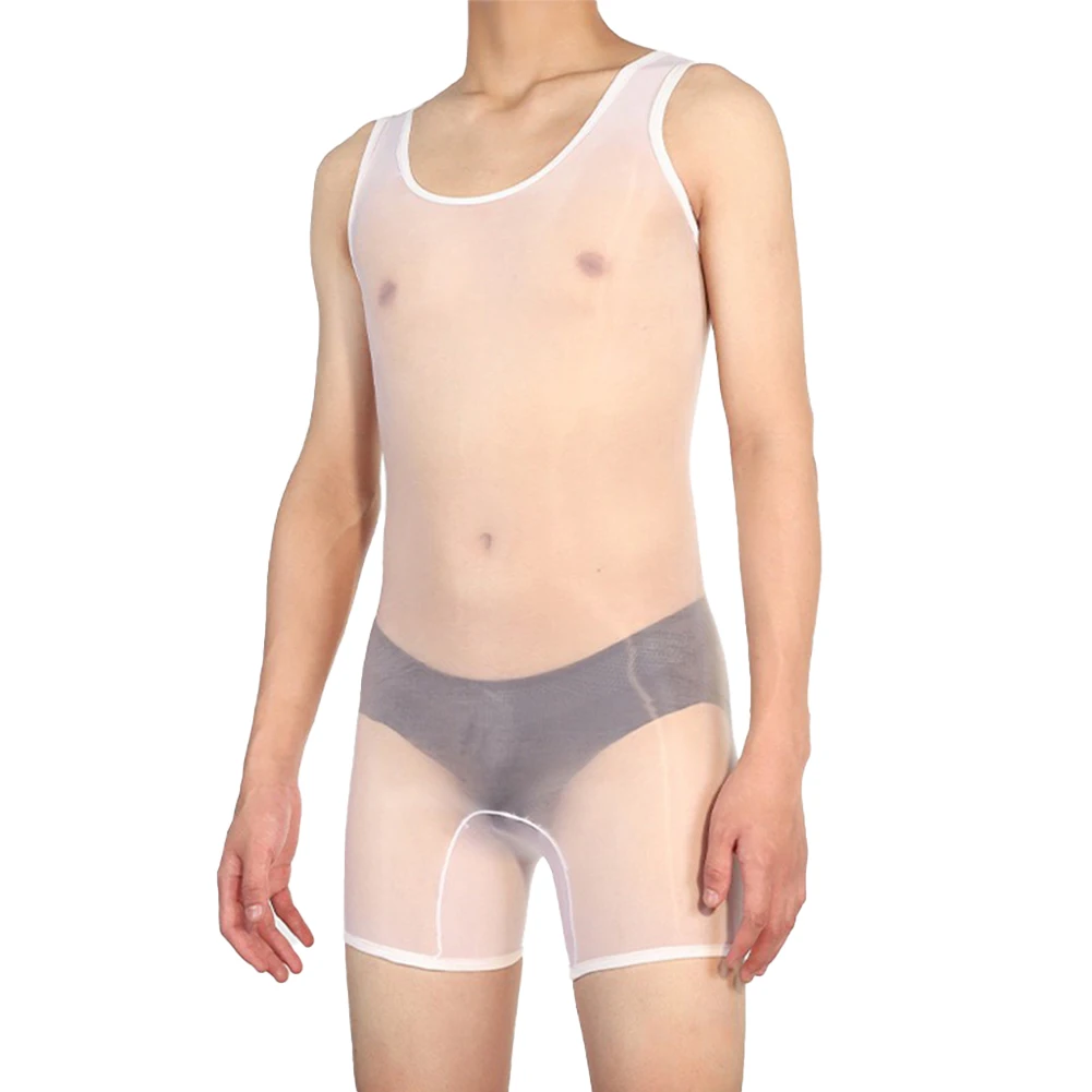 Men's Oil Shiny Seamless Bodysuit Sissy Temptation Lingerie Thin See Through Underwear Sheer Sleeveless High Stretch Jumpsuit