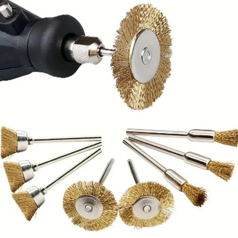 9pcs Steel Wire Brass Brush Rotary Tool Electric Dremel Drill Bit Polishing Grinding Wheel T-shaped Brush Accessories Image 5
