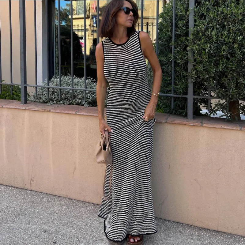 

Striped Sleeveless Slim Maxi Dress Female Hollow Out Patchwork Casual Boho Holiday Beach Dress Women's High Waist Dress