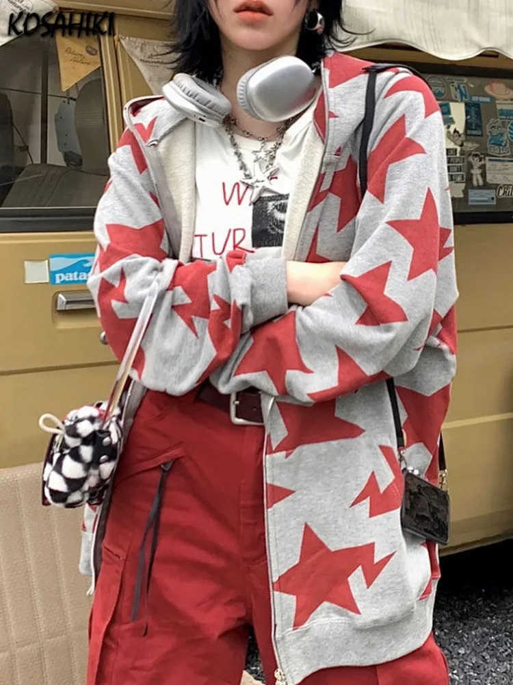 

Gothic Hoodie Harajuku Irregular Star Print Sweatshirt Women Japanese 2023 Fashion Autumn Grunge Y2k Loose Jackets Alt Clothes