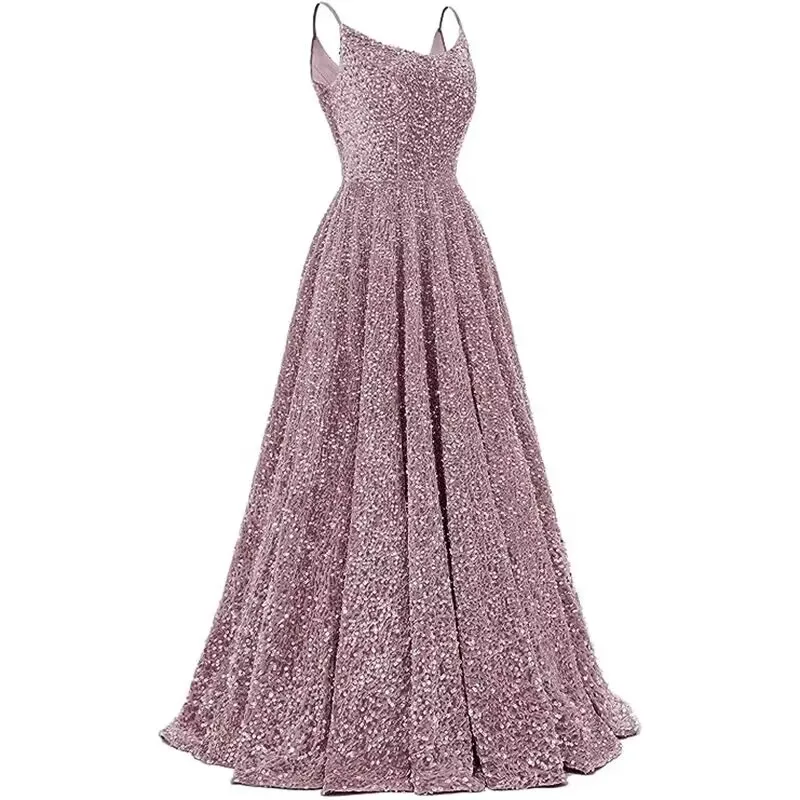

Sparkle Sequin Evening Dresses 2024 Sexy Spaghetti Straps A-Line Long Wedding Party Prom Gown