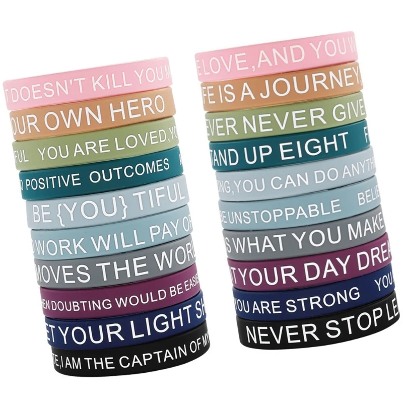 20Pcs Inspirational Silicones Bracelets Motivational Quote Wristbands for Unisex X90C