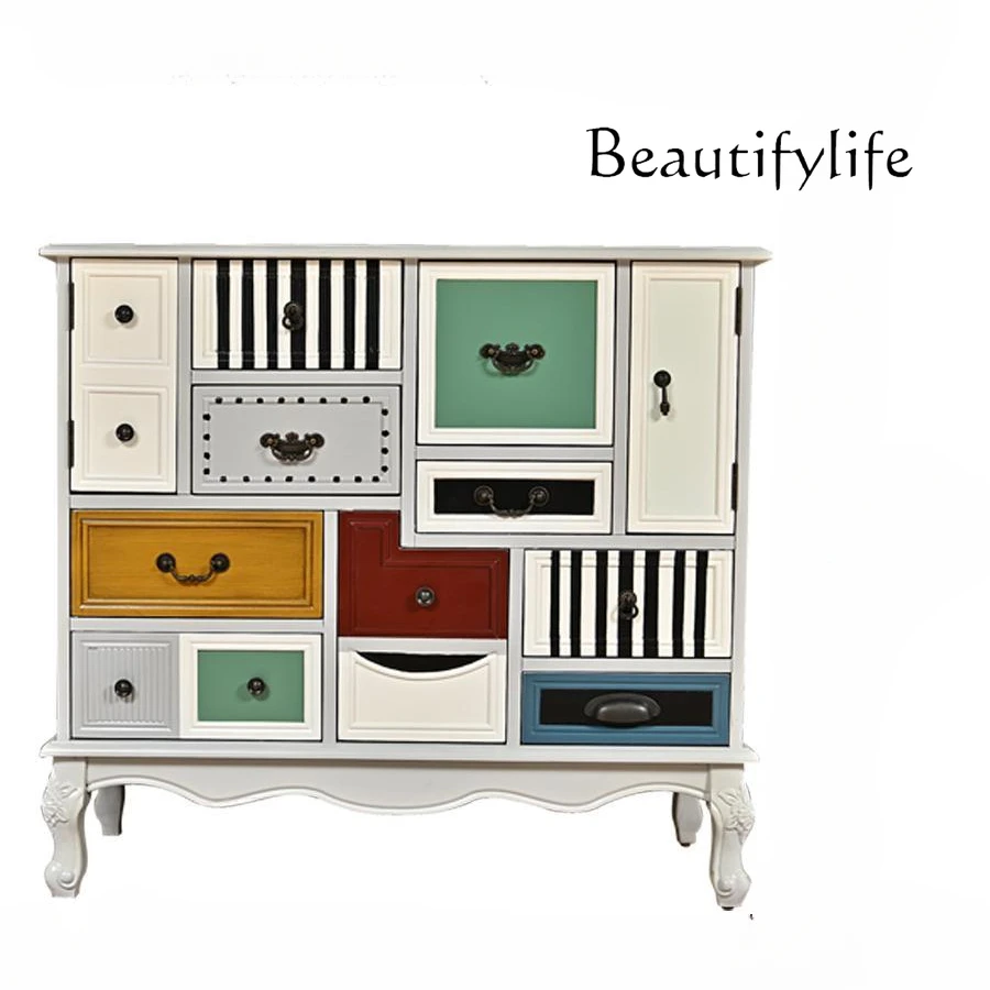 

American Style Country Contrast Color Multi-Drawer Cabinet Foyer Doorway Partition New Classical Painted Solid Wood Locker