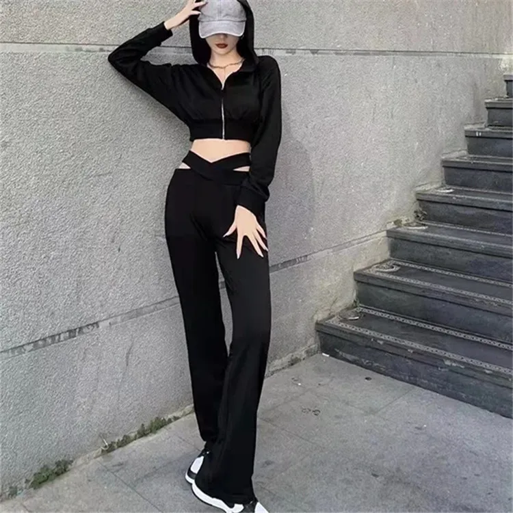 

Ins Style American High Waist Crop Hoodie Women's Autumn Winter Loose Cross Waist Straight Leg Sweatpants Suit