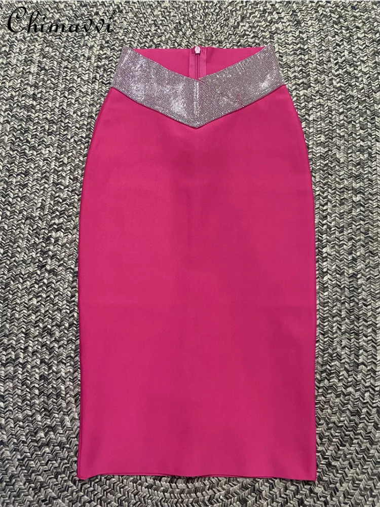 

Super Flash V-Shaped Rhinestone Sheath Bandage Skirt for Women 2023 Spring and Summer New Fashion Elegant Midi Skirt Female
