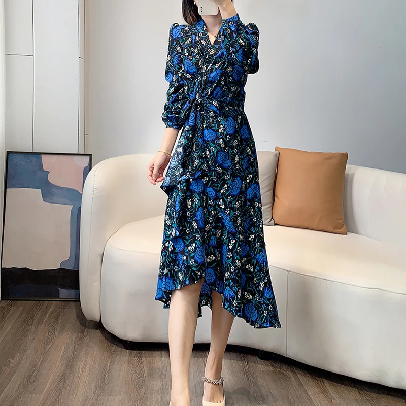 

New Spring Collections Blue&Green Rose Printed Midi Wrap Dress US 0-12