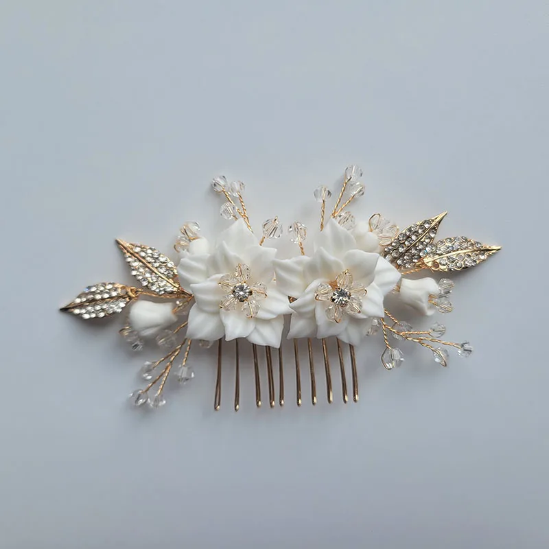 

SLBRIDAL Handmade Ins Style Ceram Flower Leaf Crystal Pearl Bridal Hair Comb Chain Wedding Headband Hair Accessory Women Jewelry