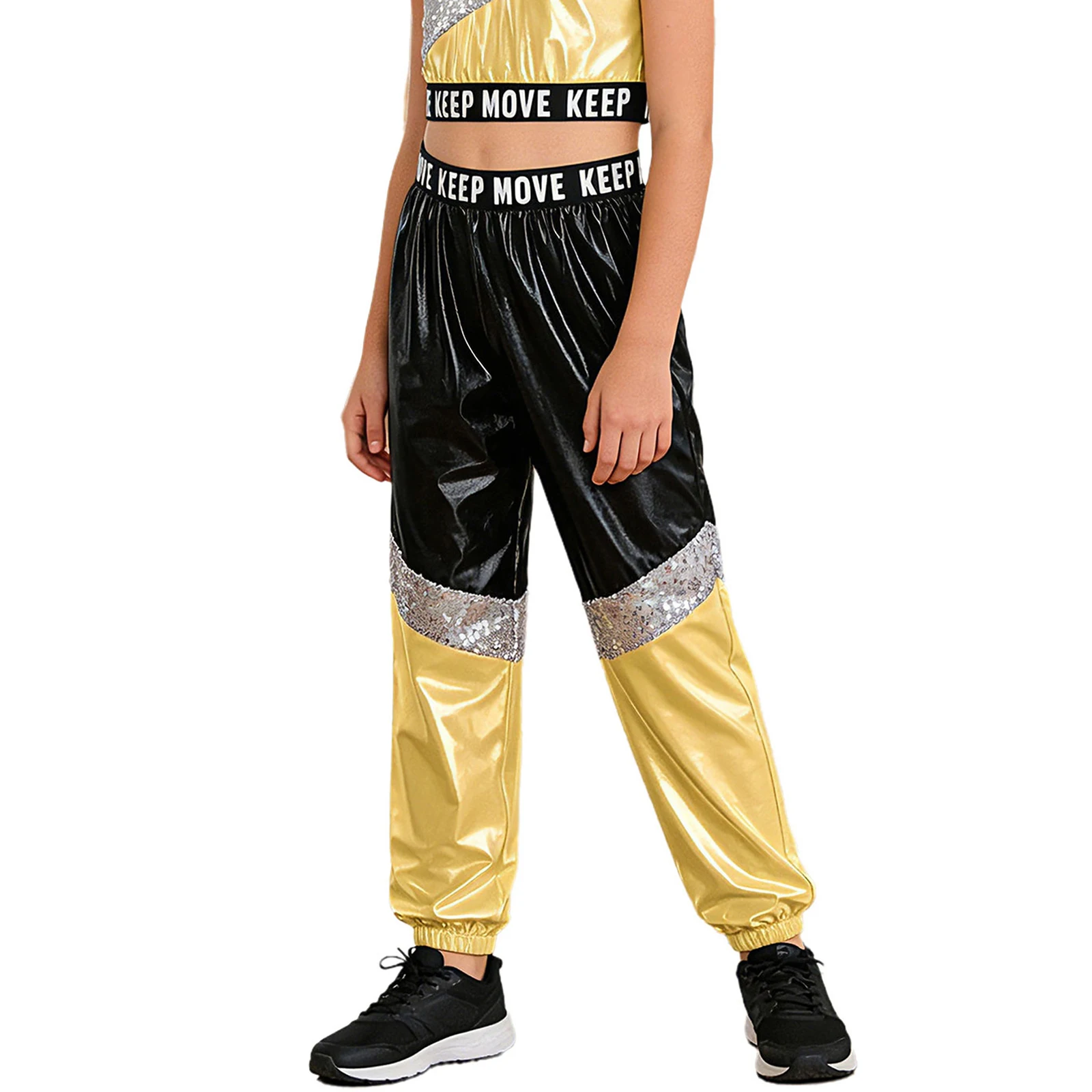 Kinder Mädchen Disco Hip Hop Jazz Tanzkostüm Hose Buchstabendruck Elastischer Bund Funkelnde Pailletten Farbblock Metallic-Hose – Detail 9