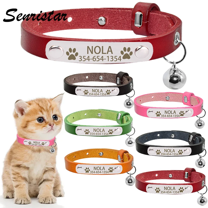 Genuine Leather Cat Collar Personalized Nameplate Soft Durable Cat