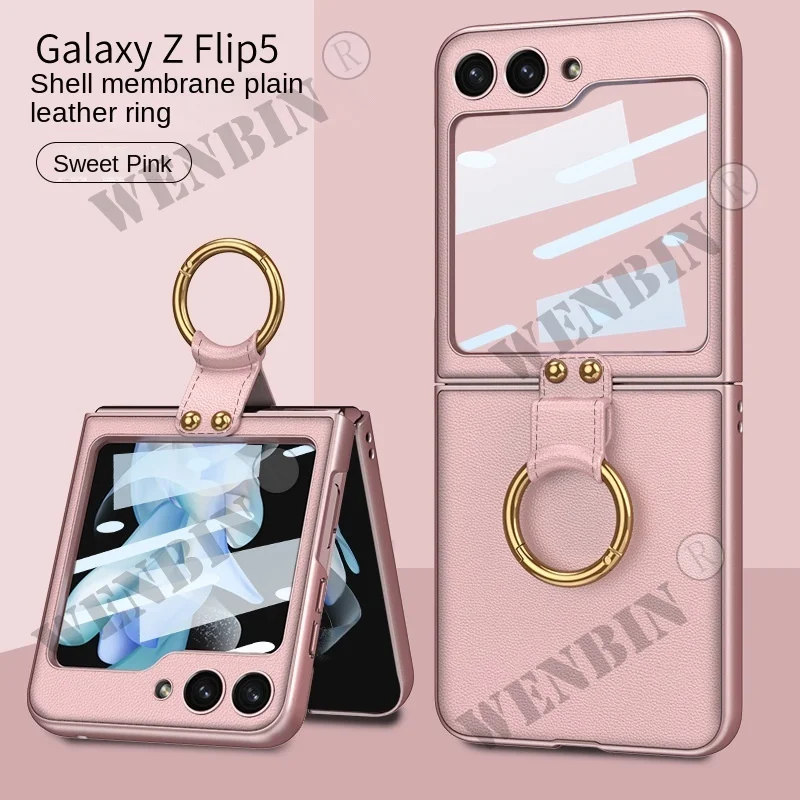 Finger Ring Capa For Samsung Galaxy Z Flip 5 4 3 5G Case Luxury Leather With Camera Lens Protector Glass Phone Cover
