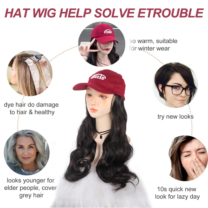 LUPU Hat Wig Wine Red Wavy Baseball Cap Suitable for Women and Girls Adjustable Baseball Cap, Heat-resistant Synthetic Wig