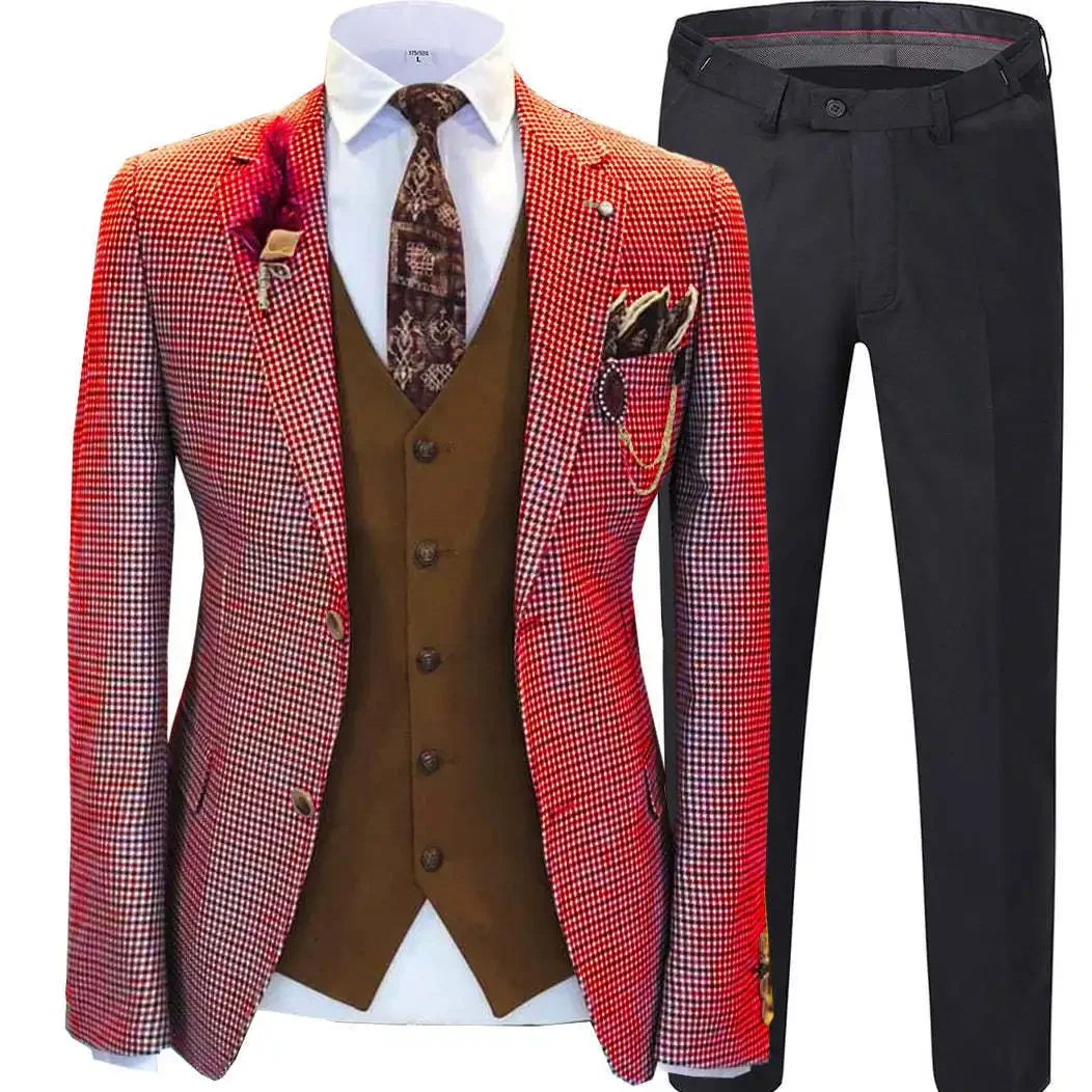 Men Wedding Suits Prom Tuxedos Wool Blend Plaid Slim fit Vintage Checked Suit Groomsmen For Wedding（Blazer+Vest+Pants）