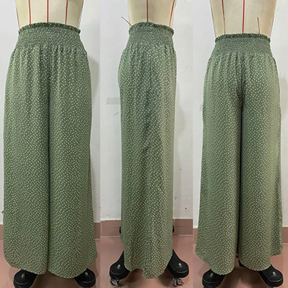 Women Summer Casual Elegant Long Pants Ladies Wide Leg Pants High Waist Polka Dot Loose Pant Straight Trousers Elastic Waistband