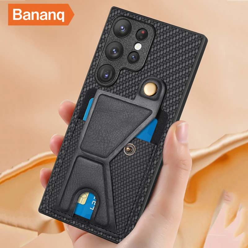 

Bananq Carbon Fiber Wallet Flip Card Case For Samsung S23 S22 S21 S20 FE Ultra S10 Plus S10E A14 A34 A54 A04 M14 Stand Cover