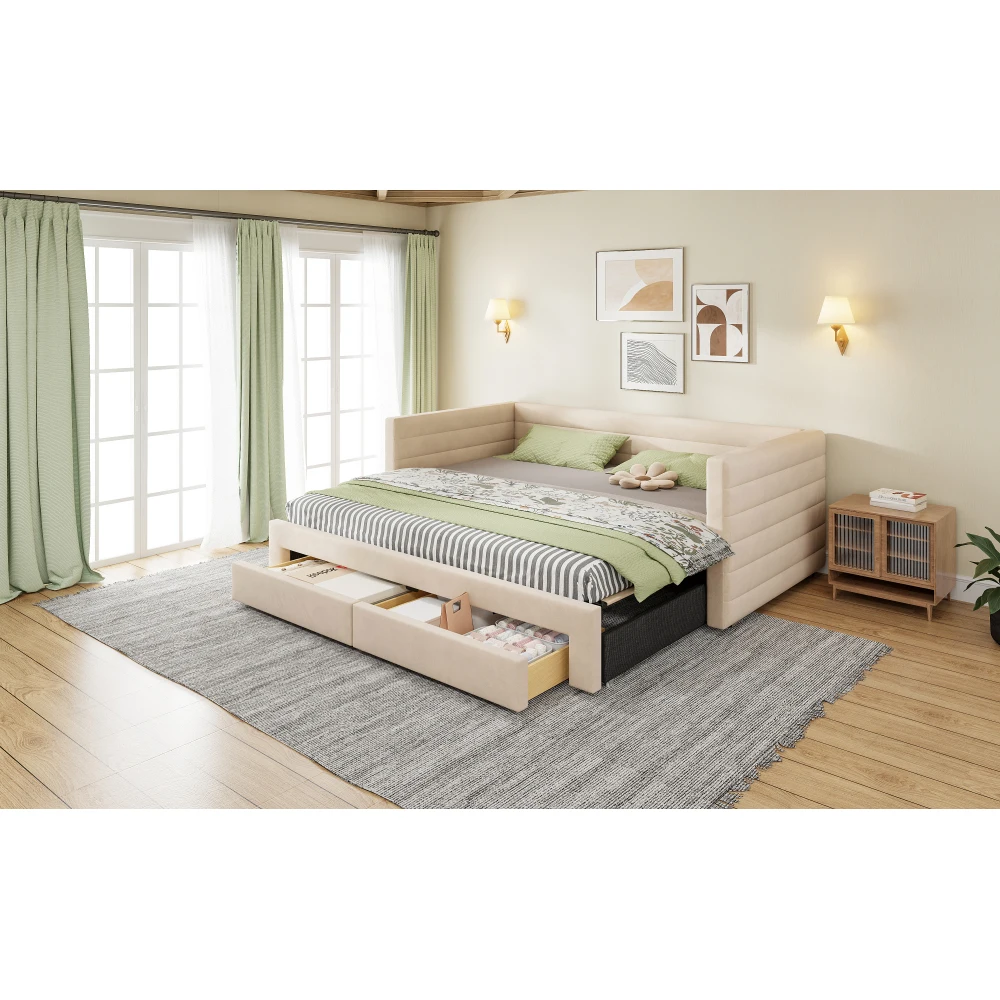 90x190cm Polsterbett, 3-in-1 Ausziehbares Schlafsofa, Multifunktionsbett, mit Schubladen und Gitter, Baumwolle und Leinen, ohne Matratze – Detail 6